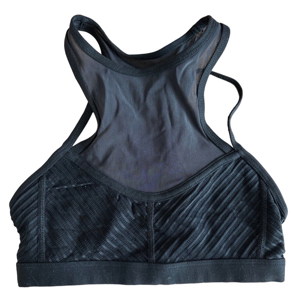 Lorna Jane Black Ribbed and Mesh Sports Bra with Cut Away High Neck